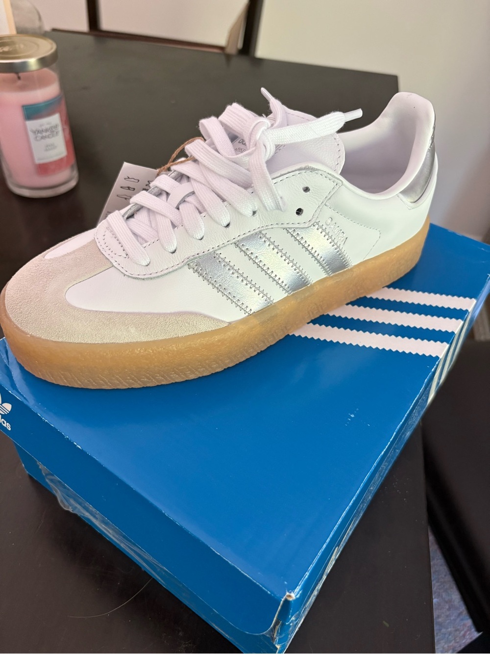 adidas Samba W Sneakers - White with Silver Accents & Gum Sole - Picture 3 of 4